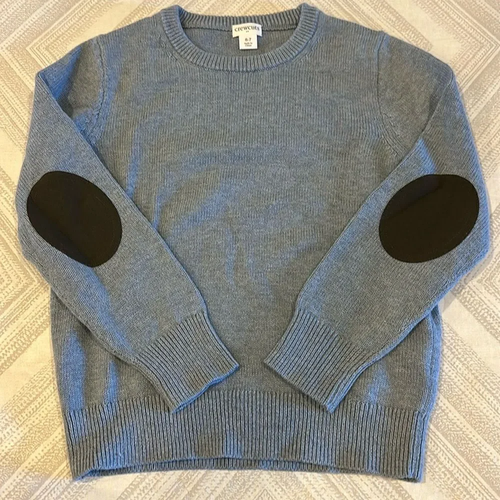 Crewcuts Boys Grey Crewneck Sweater with Faux Suede Elbow Patches - Size 6/7